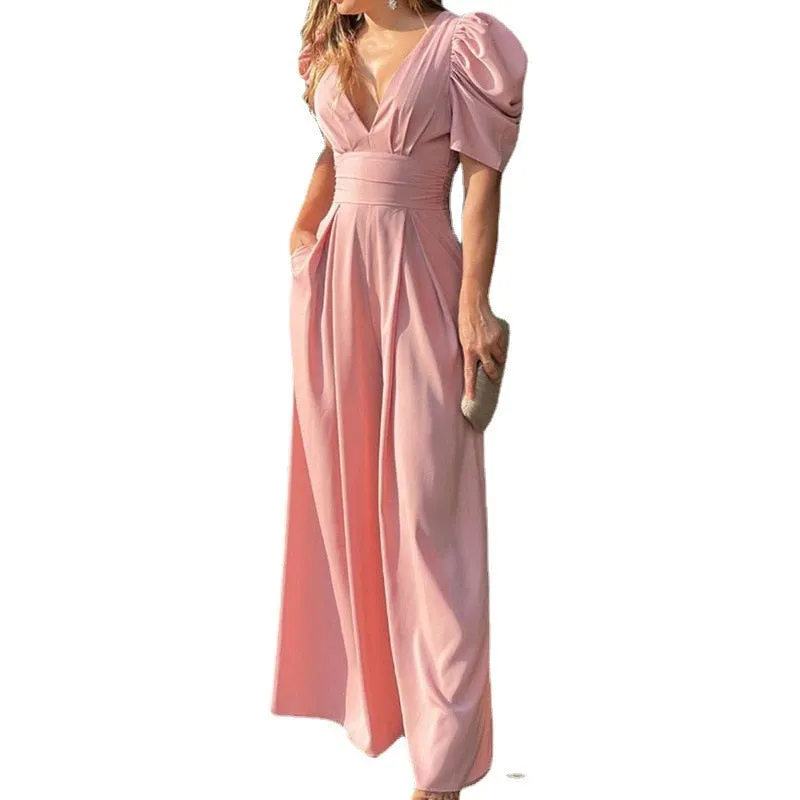 2022 High Waist Loose Solid Color Summer Short Sleeve Slim Fit Splicing Casual Jumpsuit