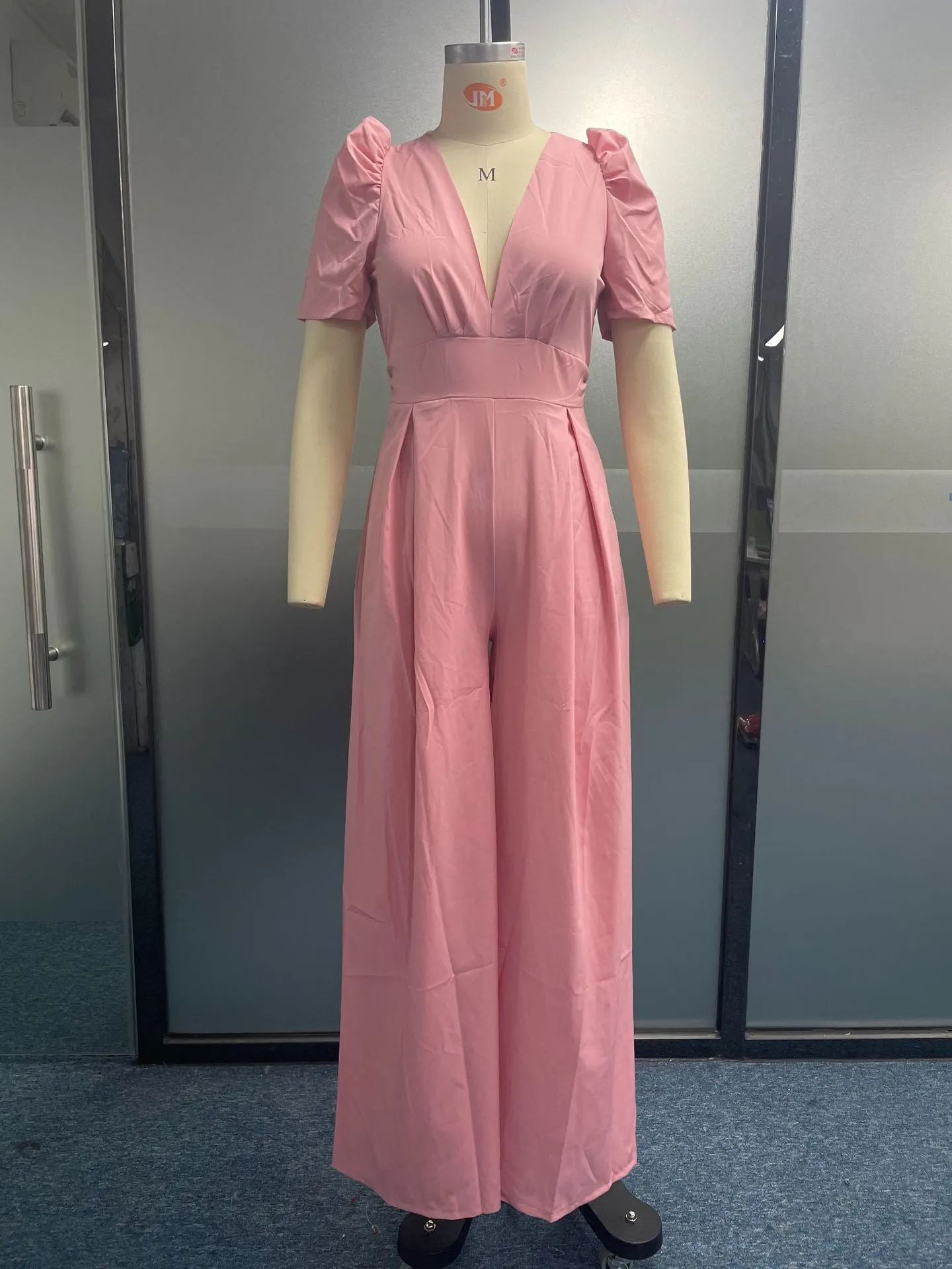 2022 High Waist Loose Solid Color Summer Short Sleeve Slim Fit Splicing Casual Jumpsuit