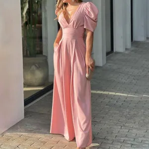 2022 High Waist Loose Solid Color Summer Short Sleeve Slim Fit Splicing Casual Jumpsuit
