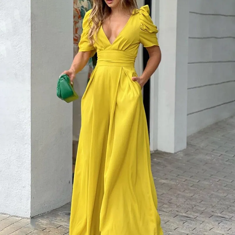 2022 High Waist Loose Solid Color Summer Short Sleeve Slim Fit Splicing Casual Jumpsuit
