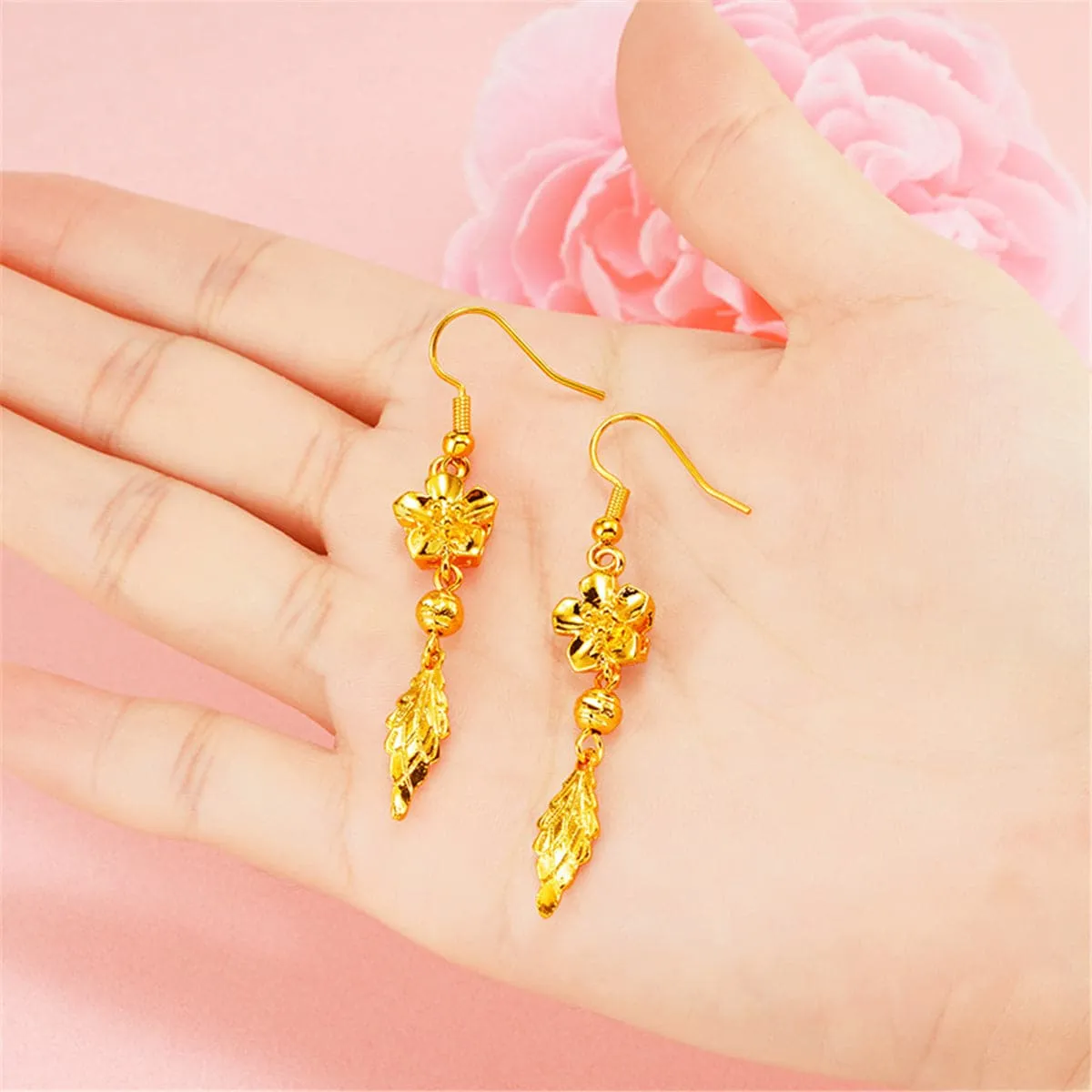 24K Gold-Plated Flower & Leaf Drop Earrings