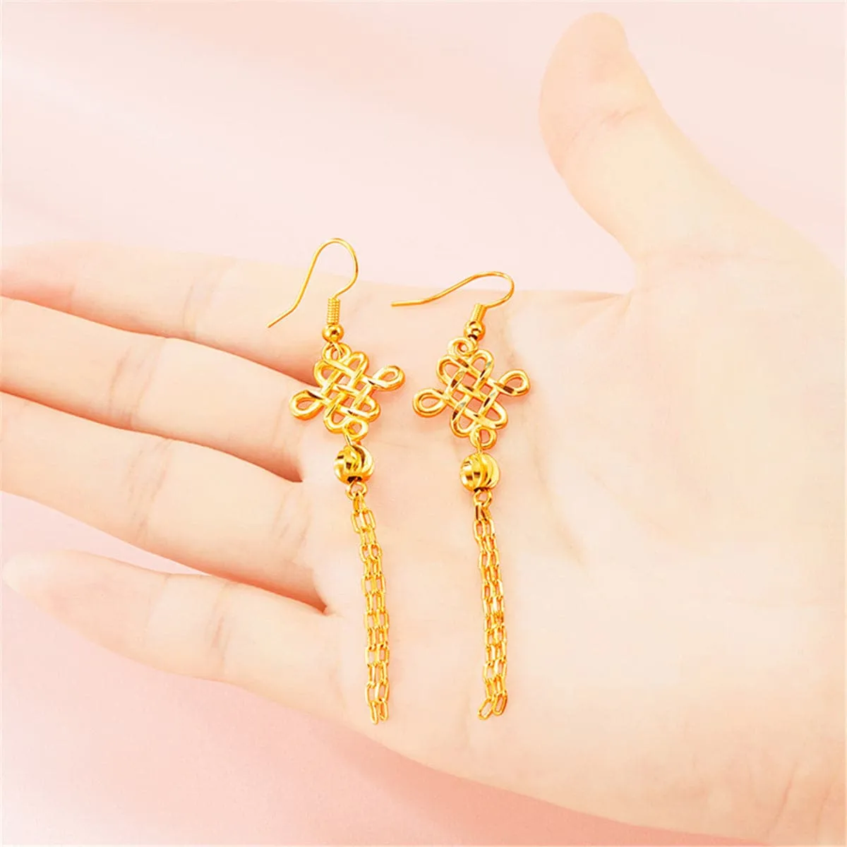 24K Gold-Plated Open Lucky Knot Tassel Drop Earrings