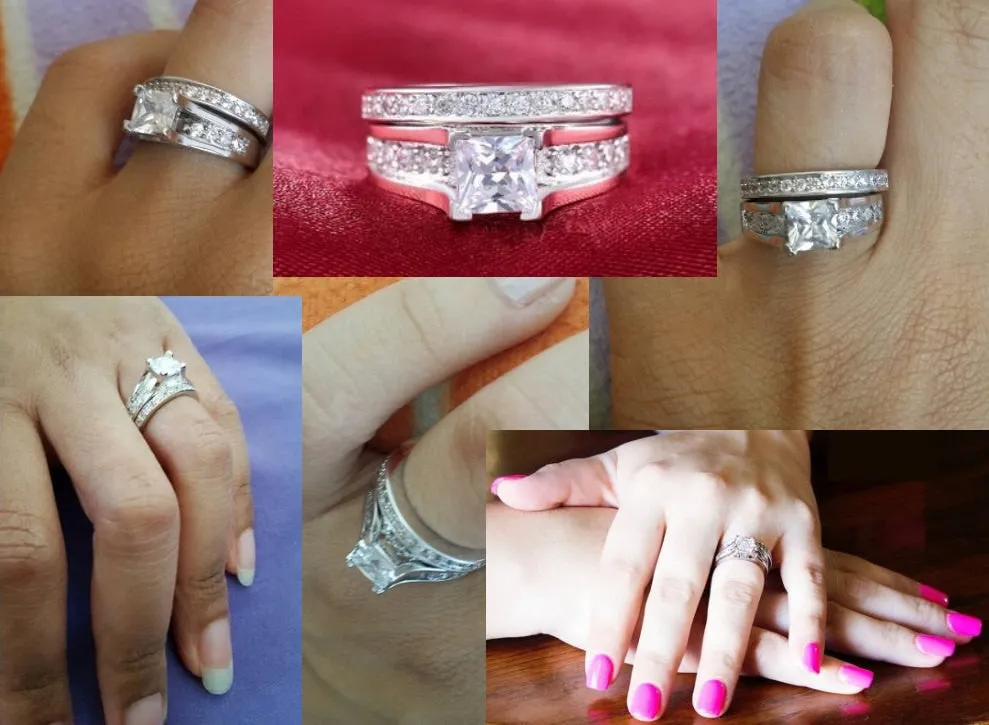 2.55ct Princess Cut Wedding Ring Set Engagement Diamond Simulated 925 Sterling Silver