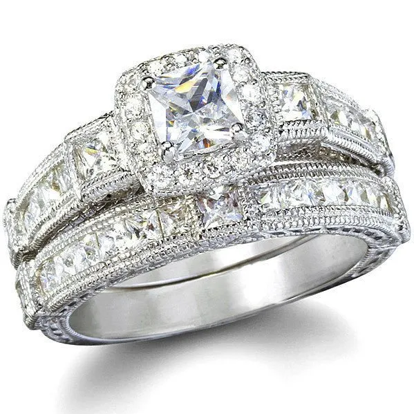 3.4ct Princess Cut Wedding Ring Set Engagement Diamond Simulated 925 Sterling Silver Platinum ep CZ