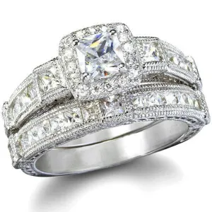 3.4ct Princess Cut Wedding Ring Set Engagement Diamond Simulated 925 Sterling Silver Platinum ep CZ