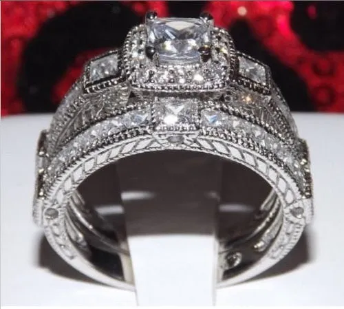 3.4ct Princess Cut Wedding Ring Set Engagement Diamond Simulated 925 Sterling Silver Platinum ep CZ