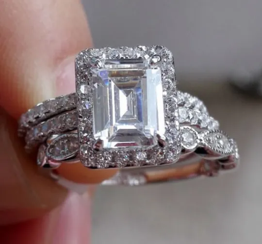 3.78ct Emerald 3 Piece Wedding Ring Set Engagement Diamond Simulated 925 Platinum ep Women's