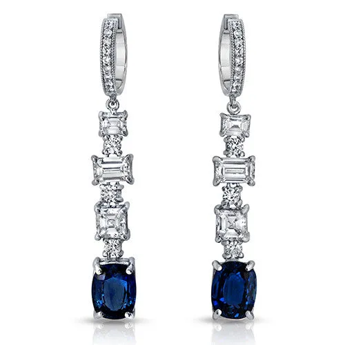 4.20ct. Cushion Shaped Sapphire & Diamond Dangling Earrings in 18k White Gold