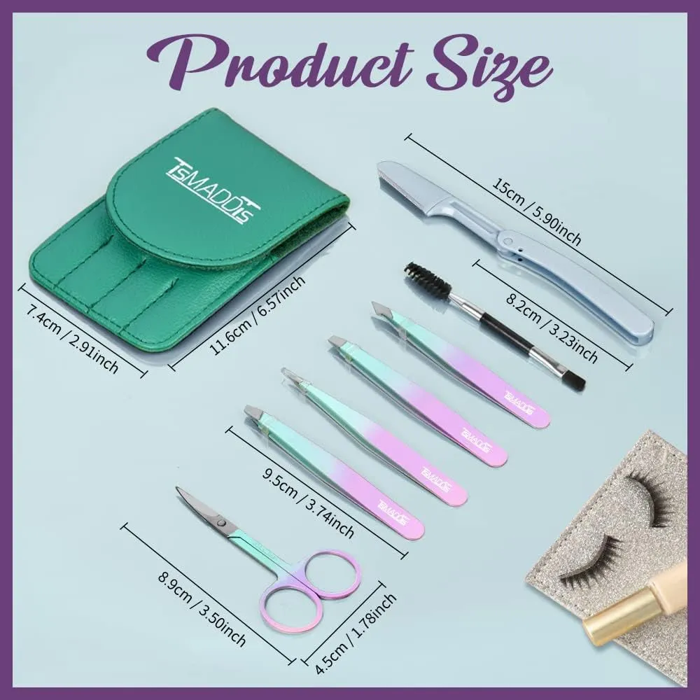 7PCS Tweezers for Women Facial Hair, Precision Tweezer Set for Eyebrows with Curved Scissor and Eyebrow Razor for Ingrown Hair