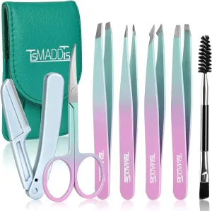 7PCS Tweezers for Women Facial Hair, Precision Tweezer Set for Eyebrows with Curved Scissor and Eyebrow Razor for Ingrown Hair