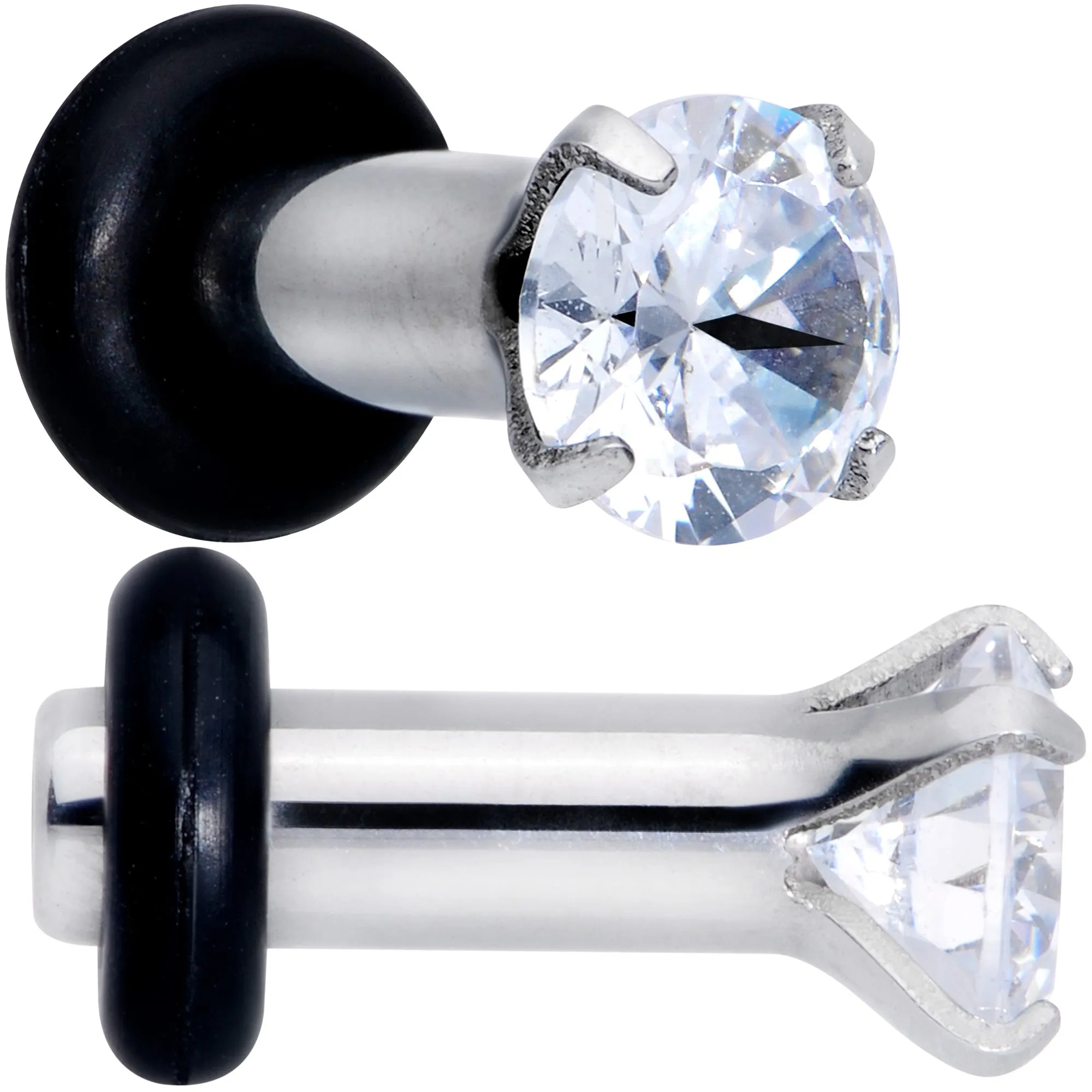 8 Gauge Stainless Steel Clear Cubic Zirconia Single Flare Plug Set