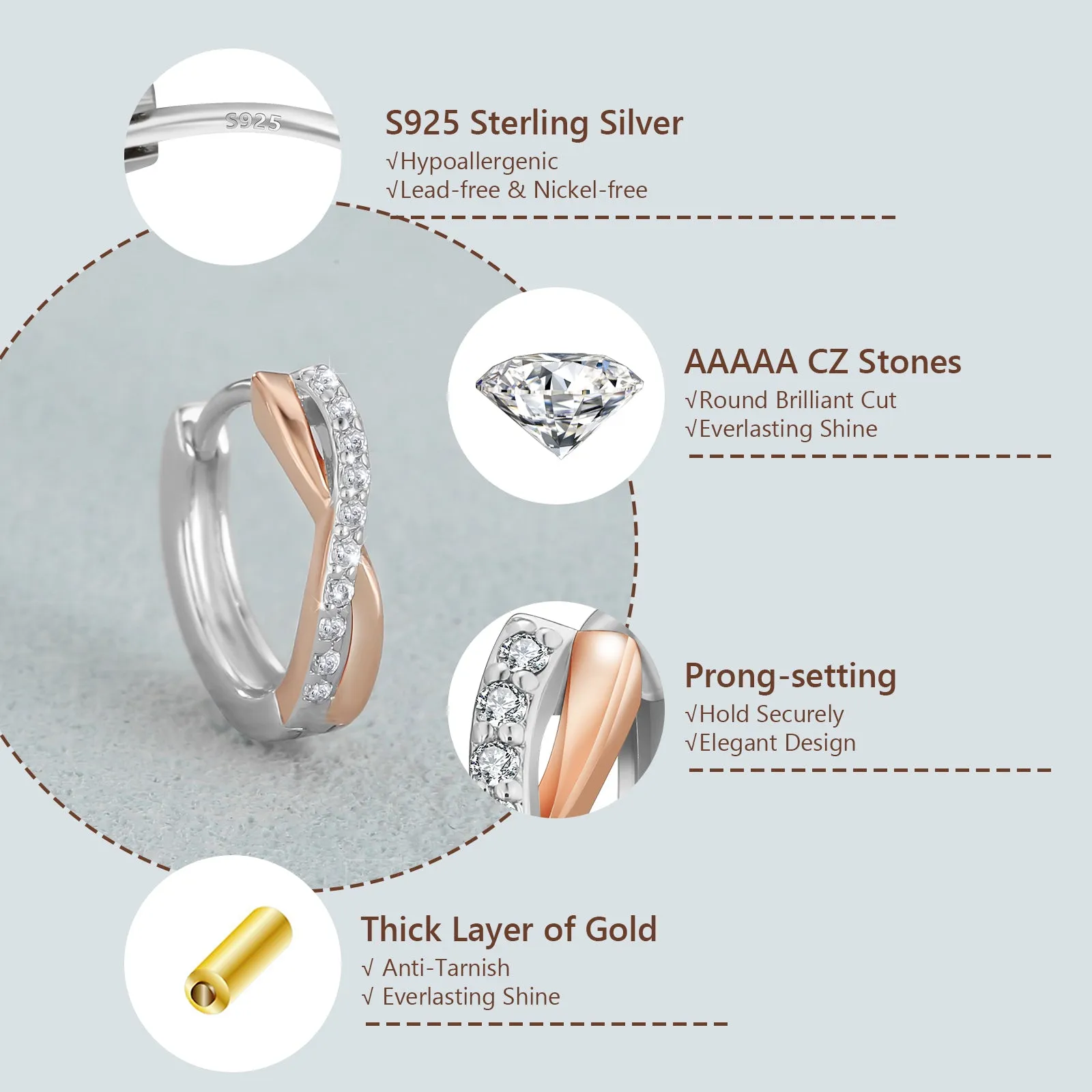925 Sterling Silver Plated Rose Gold/White Gold  X-Shape  Hoop Earrings  for women