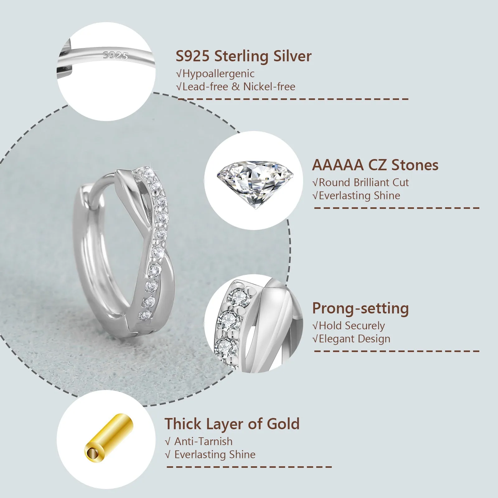 925 Sterling Silver Plated Rose Gold/White Gold  X-Shape  Hoop Earrings  for women