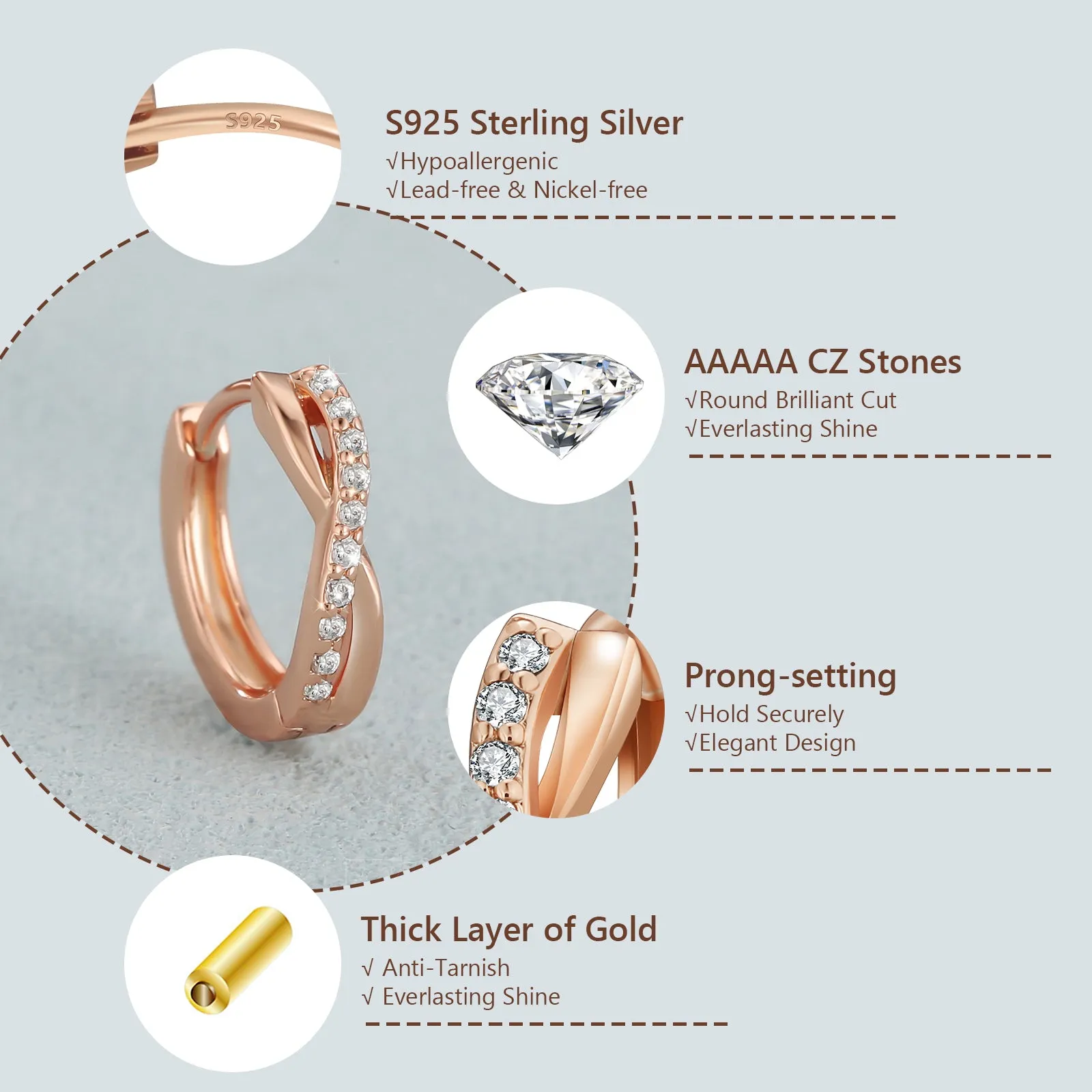 925 Sterling Silver Plated Rose Gold/White Gold  X-Shape  Hoop Earrings  for women