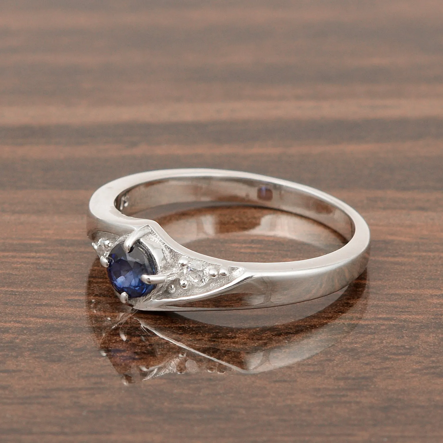 925 Sterling Silver Round Cut 4mm Blue Sapphire Women's Engagement Ring