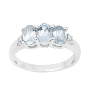 925 Sterling Silver Three-Stone Oval 1.35 Ctw Aquamarine Women's Ring