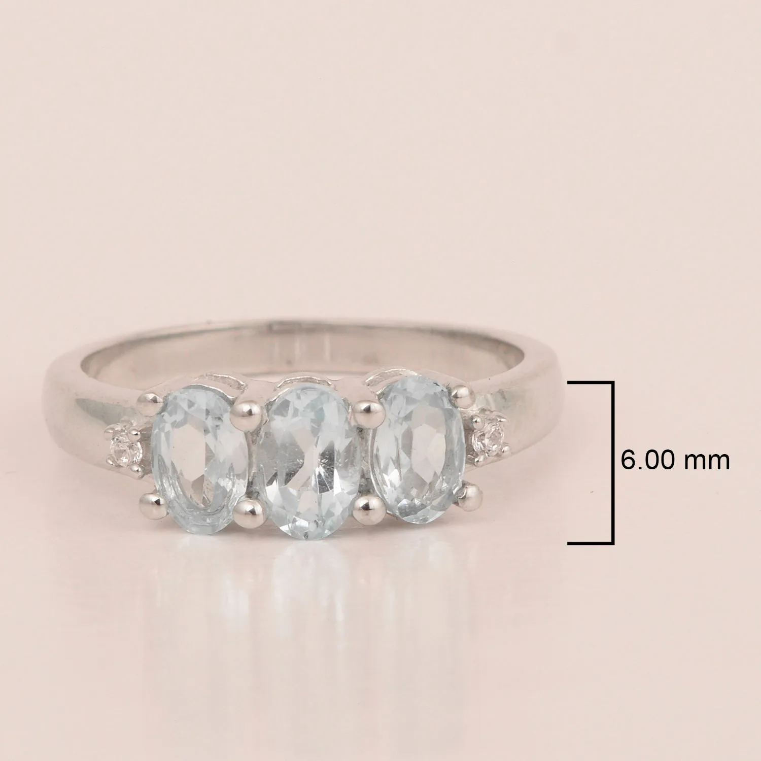 925 Sterling Silver Three-Stone Oval 1.35 Ctw Aquamarine Women's Ring