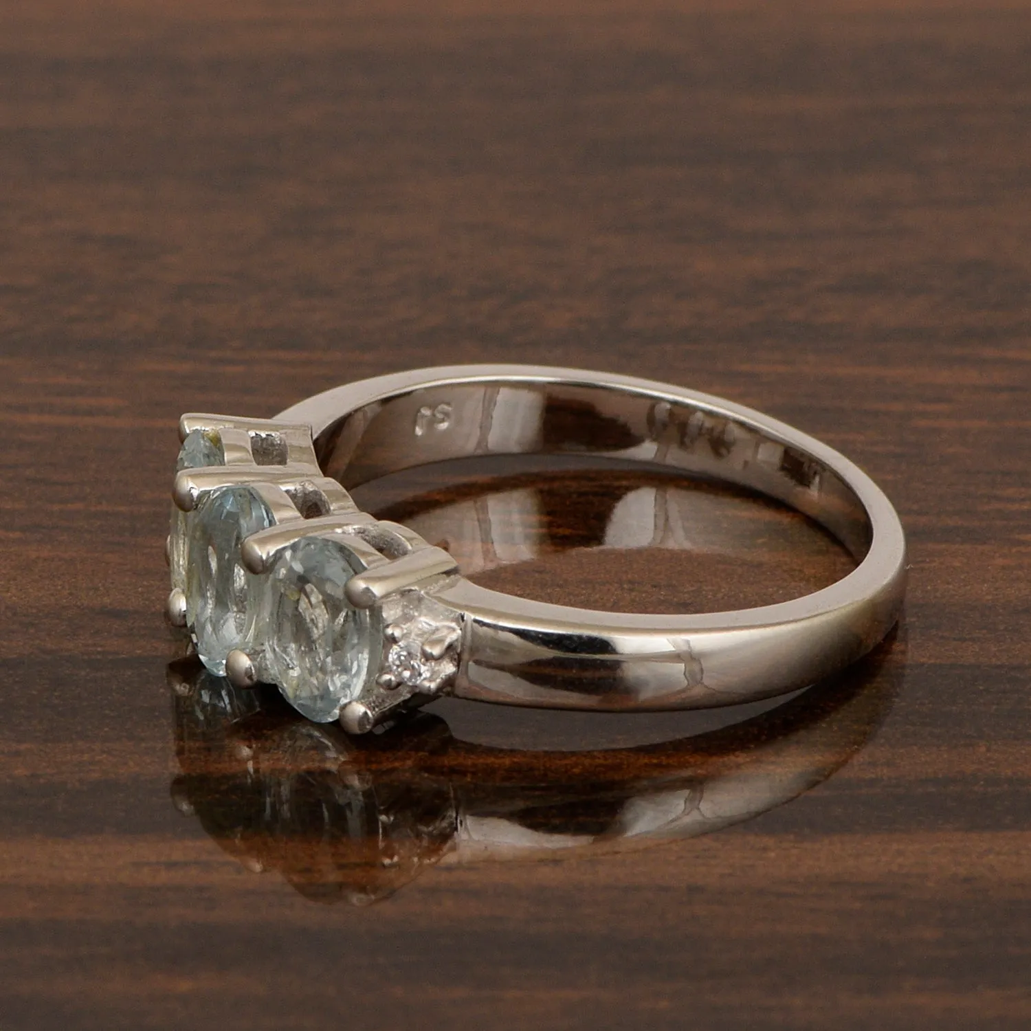 925 Sterling Silver Three-Stone Oval 1.35 Ctw Aquamarine Women's Ring