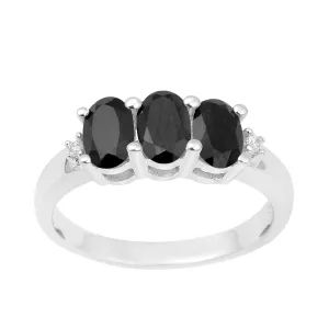 925 Sterling Silver Three-Stone Oval 1.35 Ctw Black Spinel Women's Ring