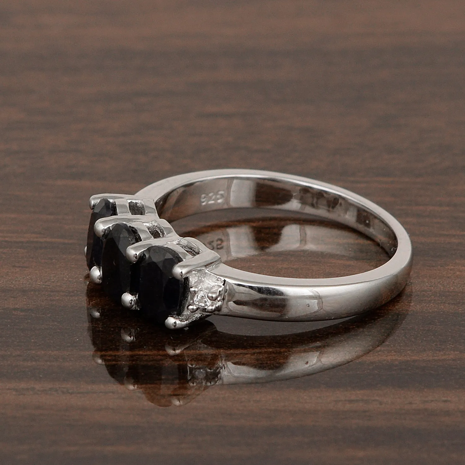925 Sterling Silver Three-Stone Oval 1.35 Ctw Black Spinel Women's Ring