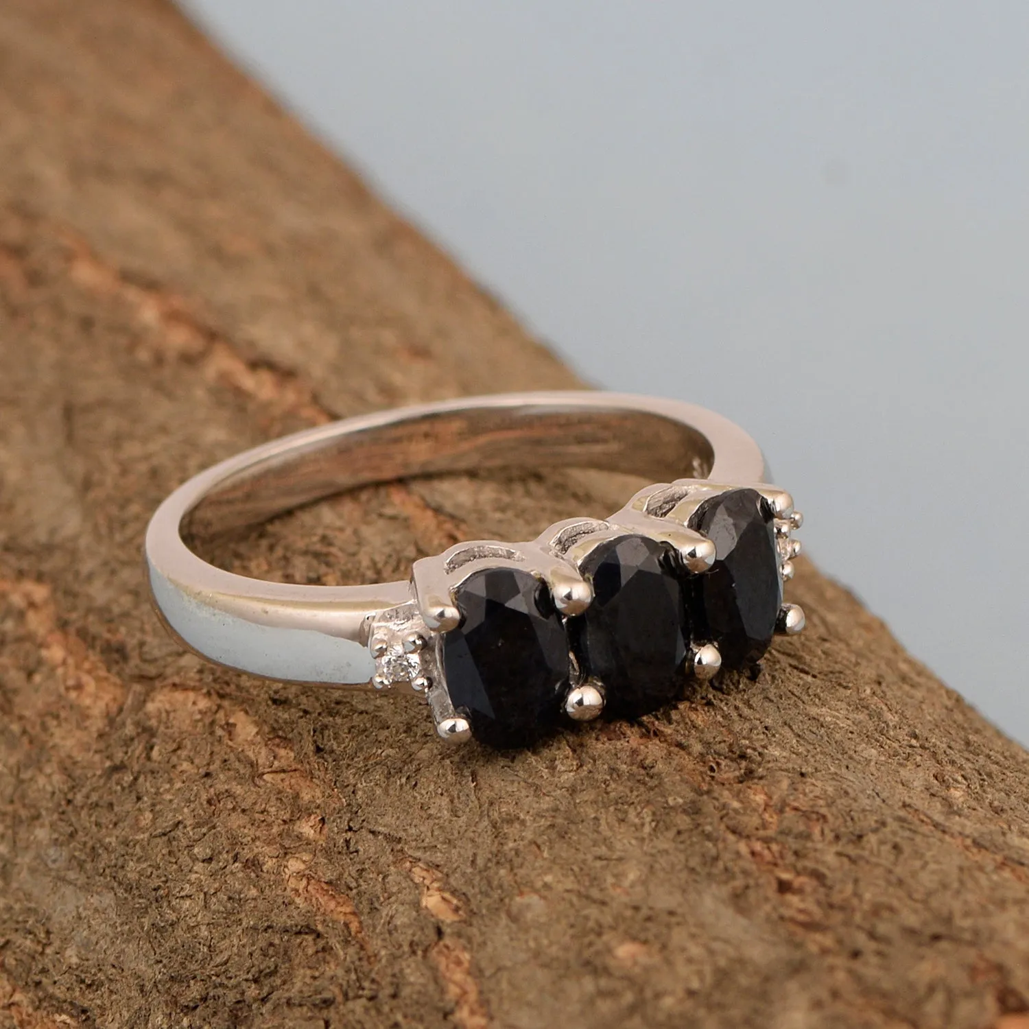 925 Sterling Silver Three-Stone Oval 1.35 Ctw Black Spinel Women's Ring