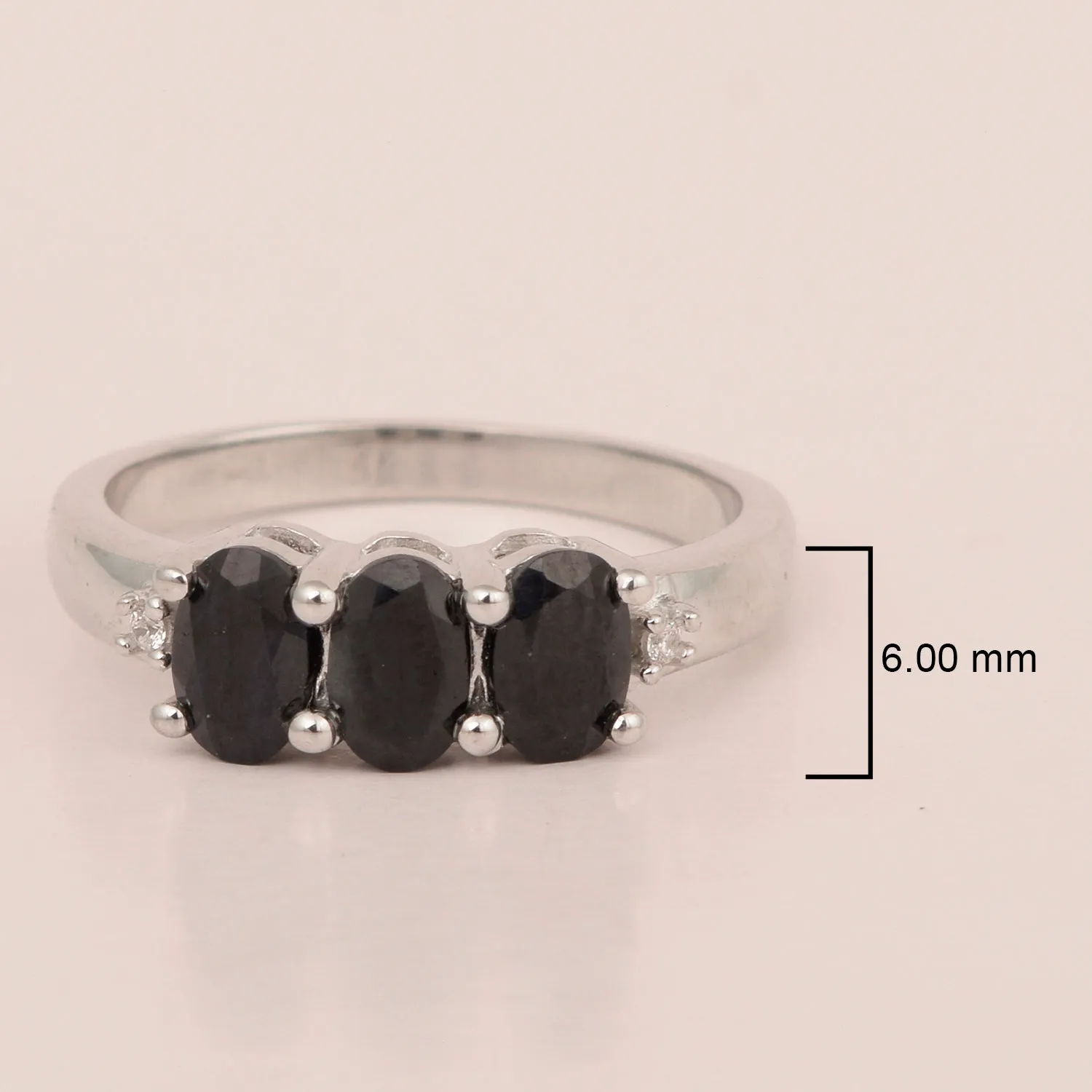 925 Sterling Silver Three-Stone Oval 1.35 Ctw Black Spinel Women's Ring