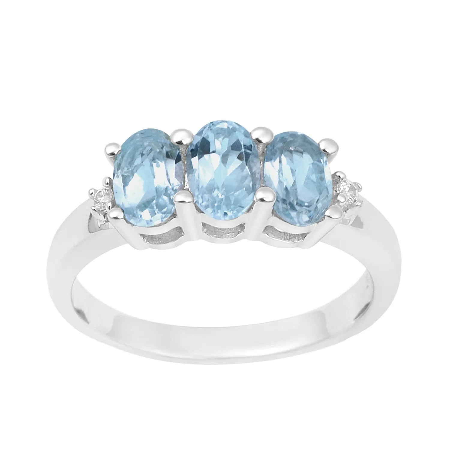 925 Sterling Silver Three-Stone Oval 1.35 Ctw Blue Topaz Women's Ring