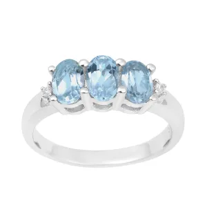 925 Sterling Silver Three-Stone Oval 1.35 Ctw Blue Topaz Women's Ring