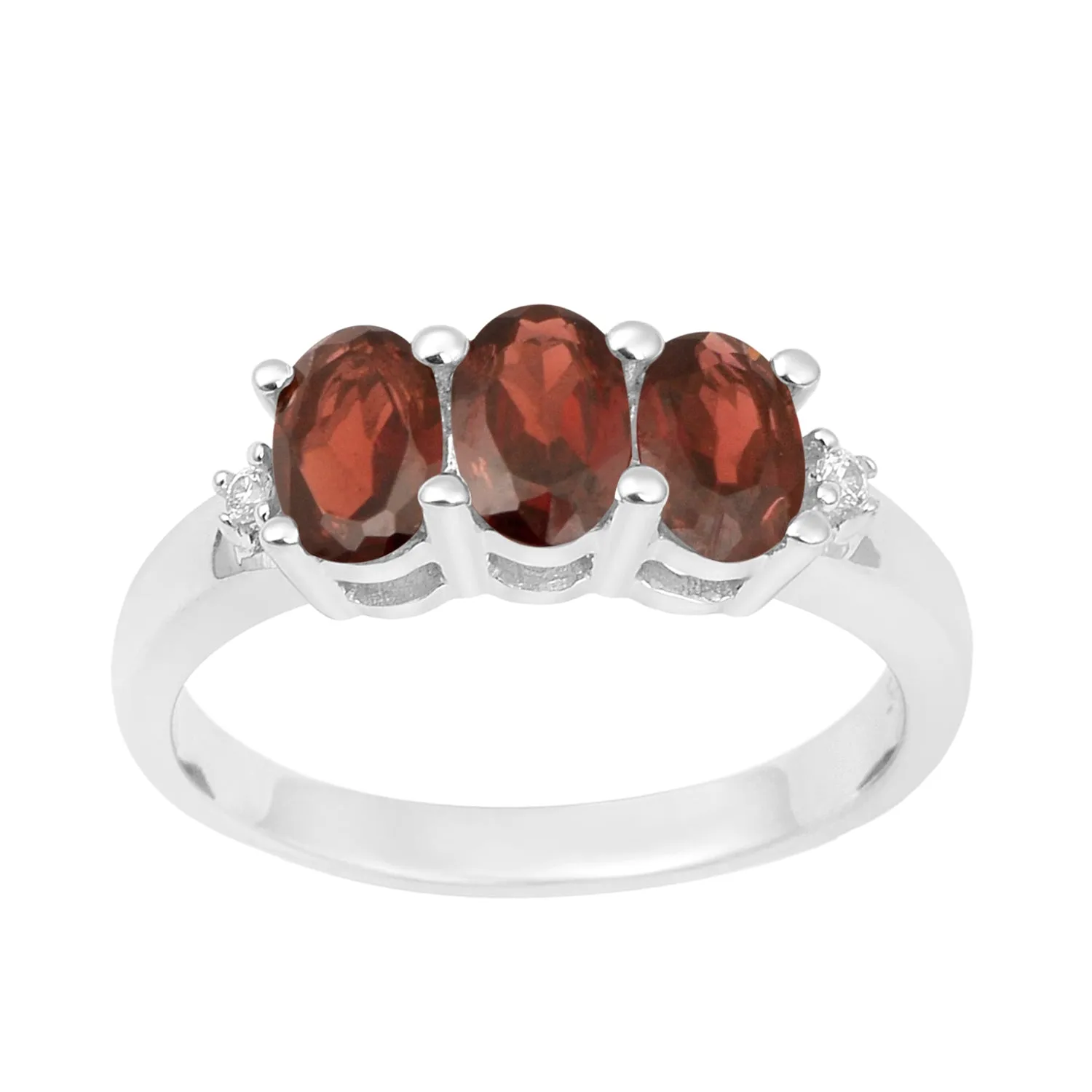 925 Sterling Silver Three-Stone Oval 1.35 Ctw Garnet Women's Ring