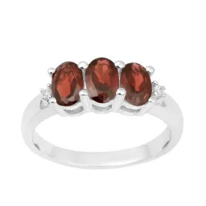 925 Sterling Silver Three-Stone Oval 1.35 Ctw Garnet Women's Ring