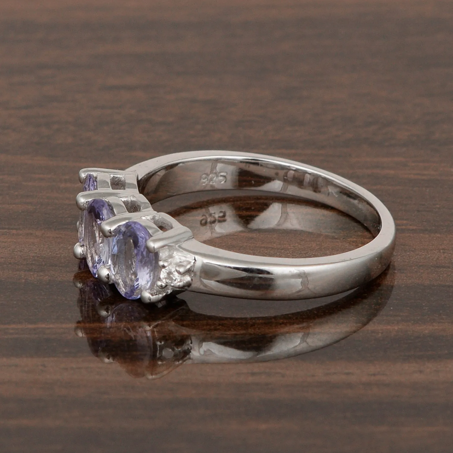 925 Sterling Silver Three-Stone Oval 1.35 Ctw Tanzanite Women's Ring