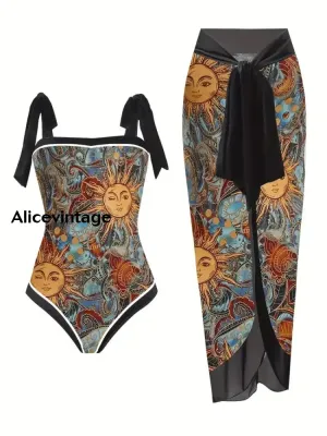 Abstract Sun Art Print Halter Two Piece Swimsuits