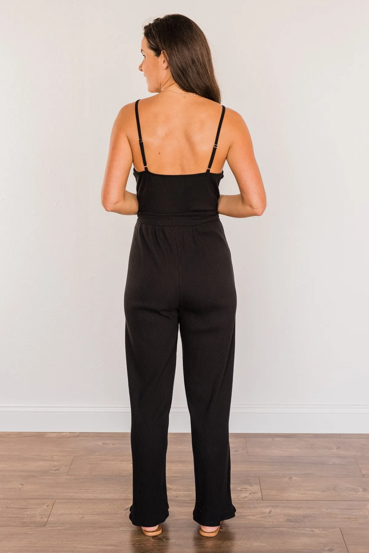 Always In Style V-Neck Knit Jumpsuit- Black