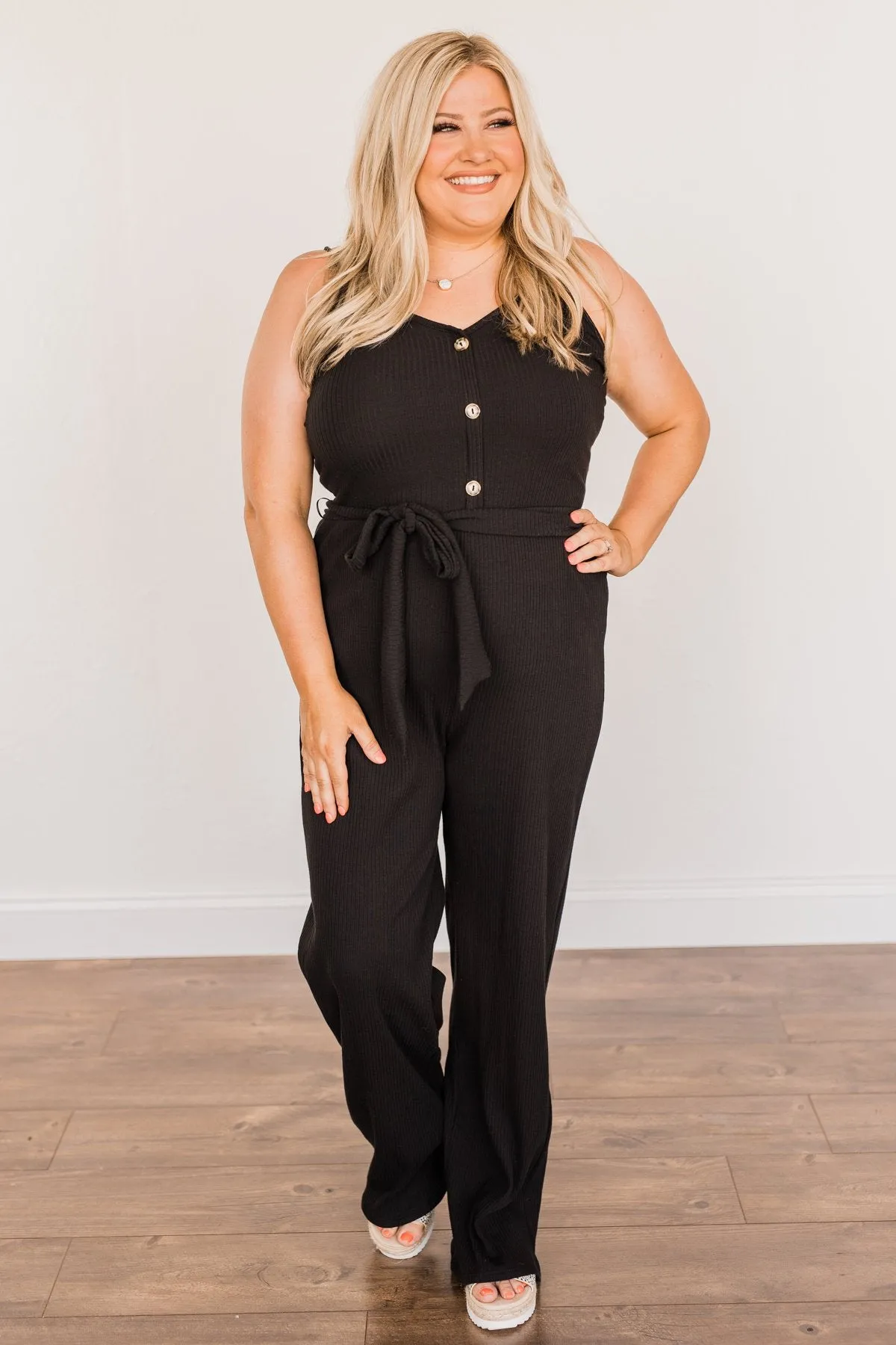 Always In Style V-Neck Knit Jumpsuit- Black