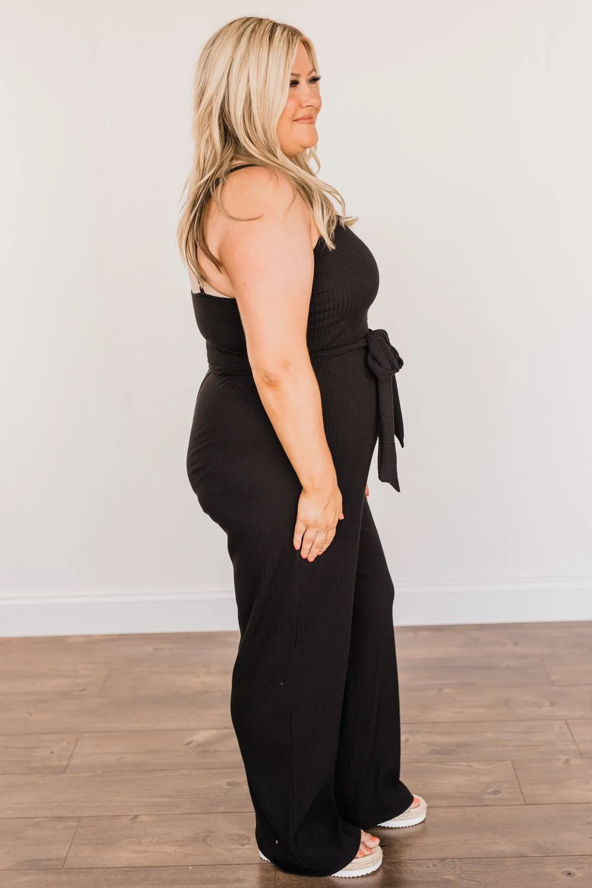 Always In Style V-Neck Knit Jumpsuit- Black