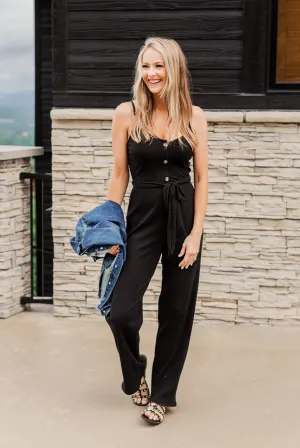 Always In Style V-Neck Knit Jumpsuit- Black