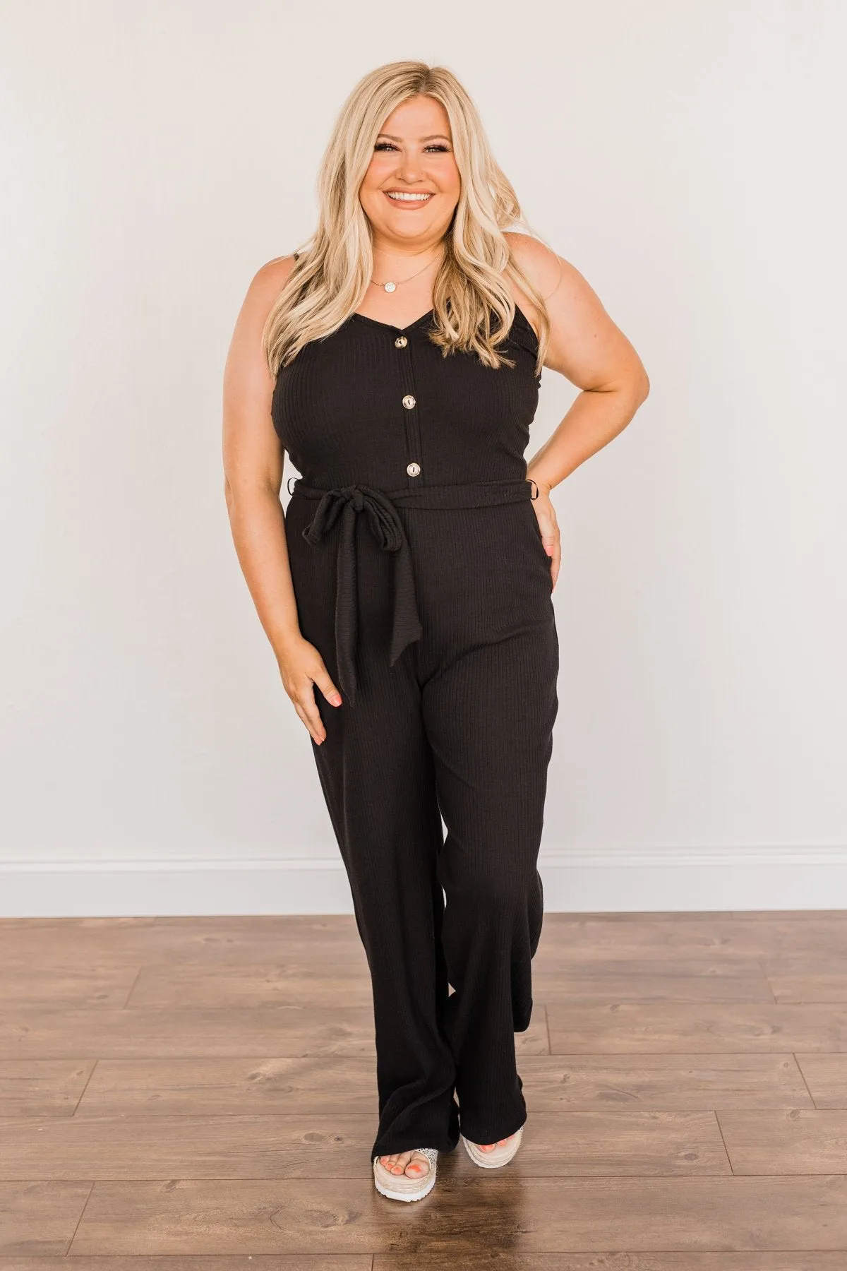Always In Style V-Neck Knit Jumpsuit- Black