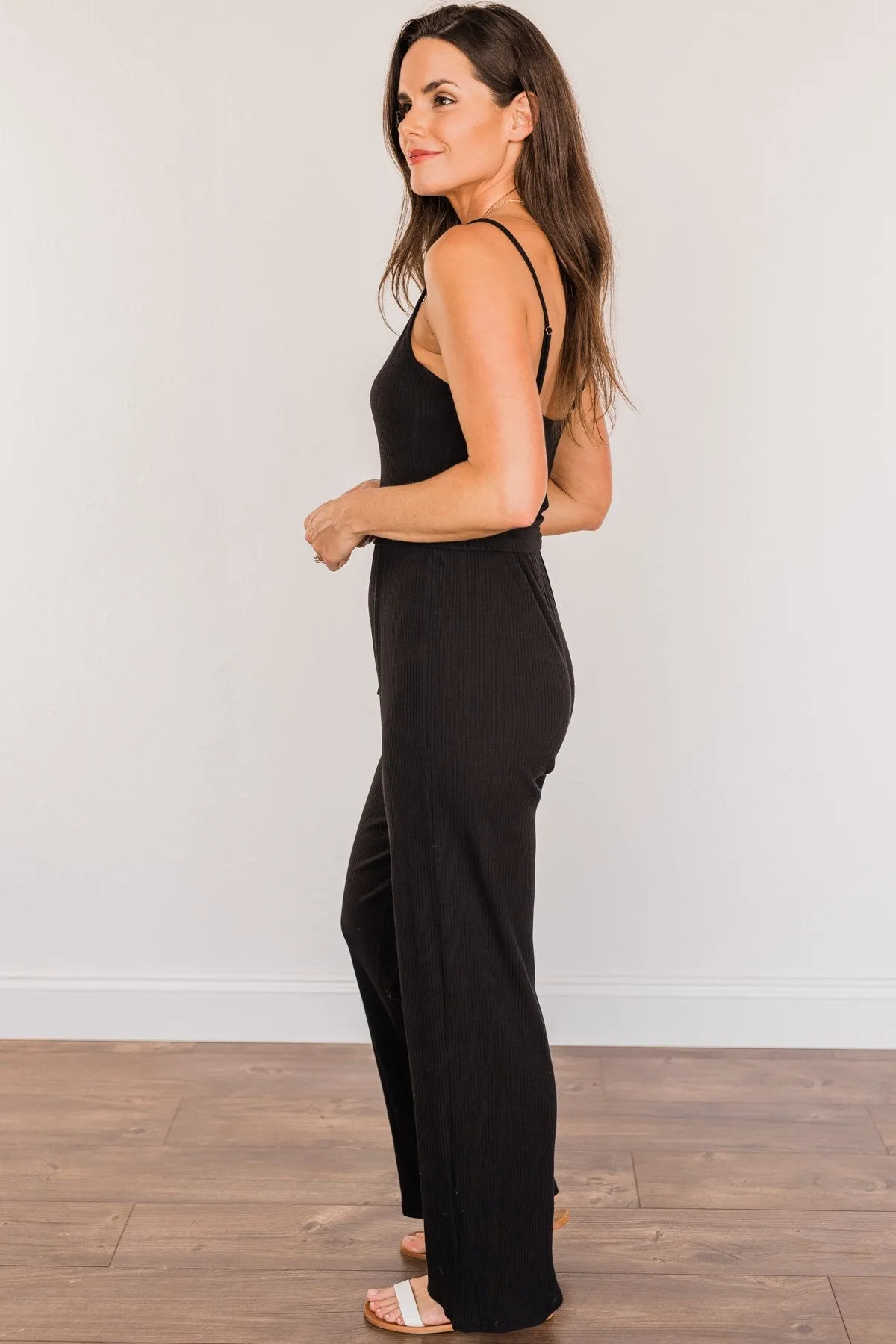 Always In Style V-Neck Knit Jumpsuit- Black