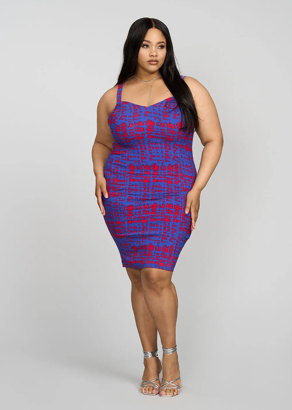 Amaria Women's African Print Stretch Dress (Red Blue Adire) - Clearance