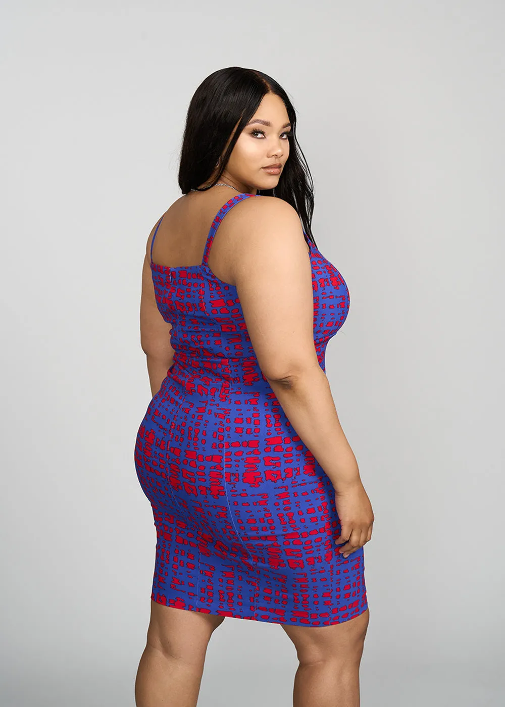 Amaria Women's African Print Stretch Dress (Red Blue Adire) - Clearance