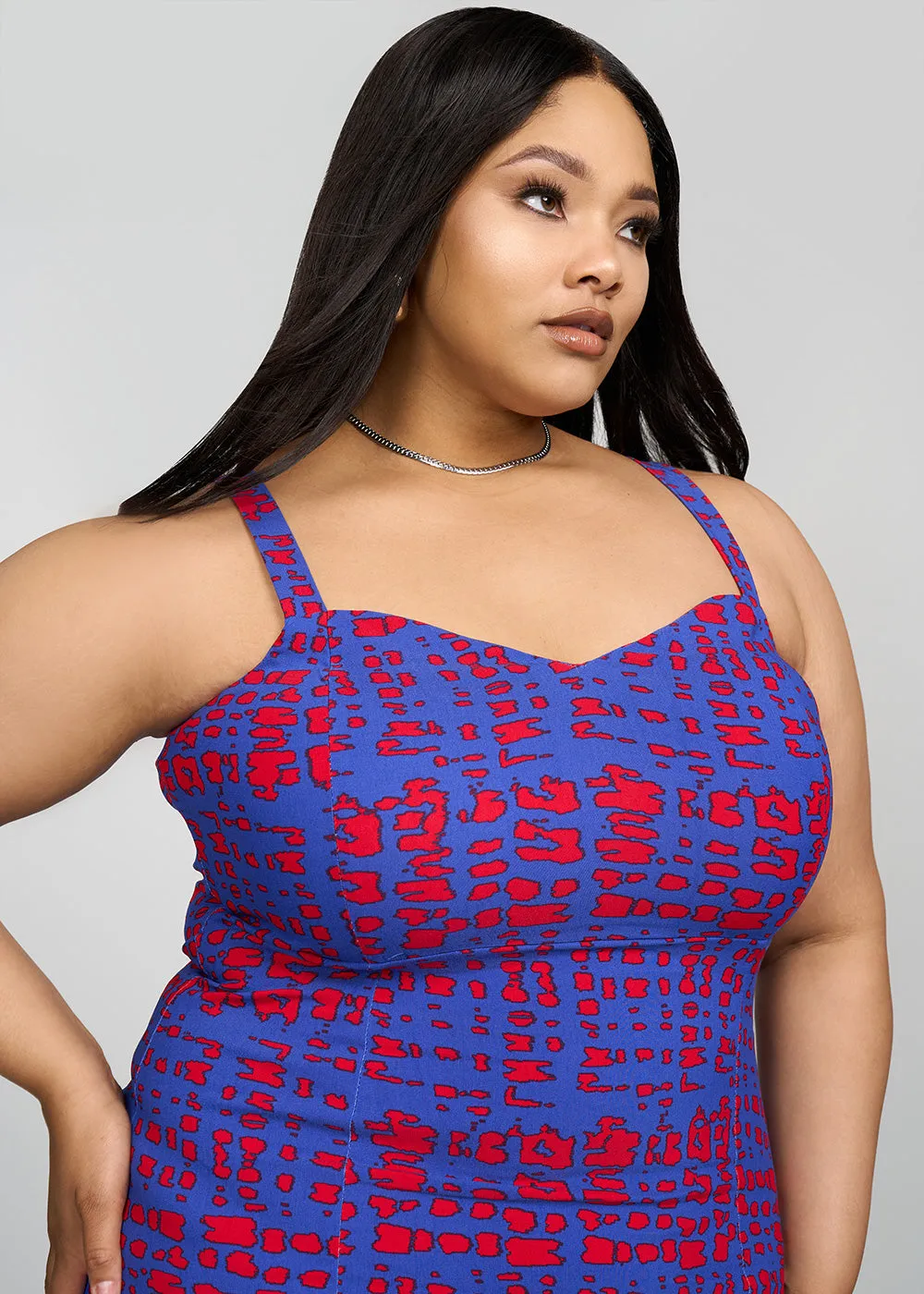 Amaria Women's African Print Stretch Dress (Red Blue Adire) - Clearance