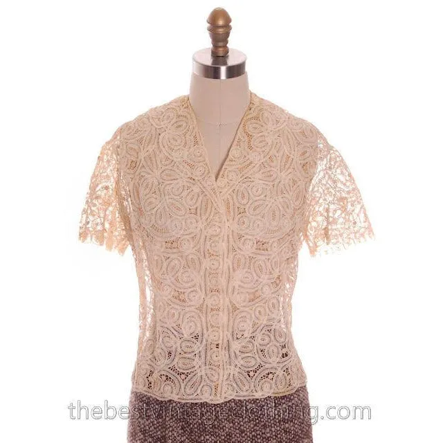 Amazing Vintage Blouse Cream Battenburg Tape Lace 1940s Med- Large