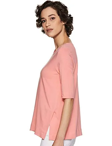 Amazon Brand - Symbol Women's Solid Regular Fit 3/4 Sleeves T-Shirt (SYMSS19TS019_Coral_Medium)