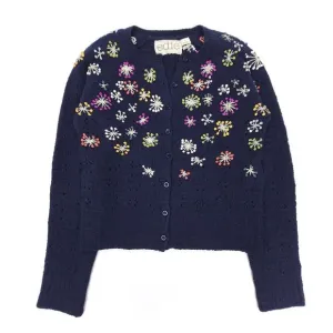 ANTHROPOLOGIE Edie Wool Linen Playground Toss Embroidered Cardigan Medium Navy