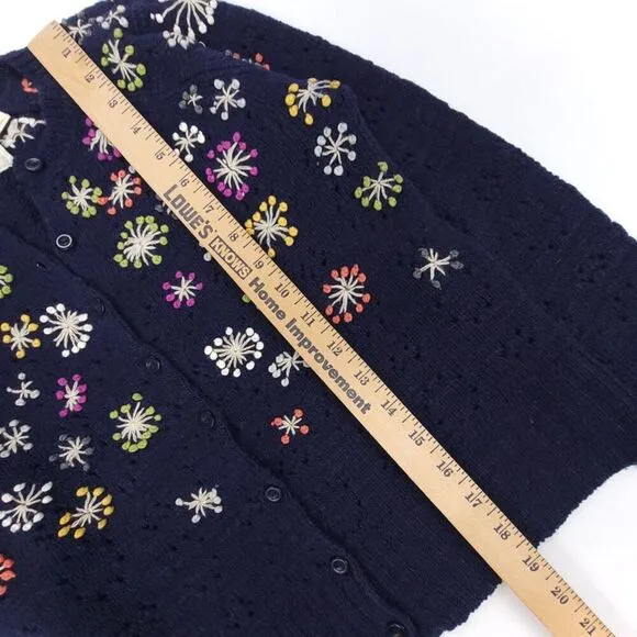 ANTHROPOLOGIE Edie Wool Linen Playground Toss Embroidered Cardigan Medium Navy
