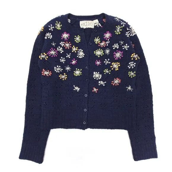 ANTHROPOLOGIE Edie Wool Linen Playground Toss Embroidered Cardigan Medium Navy