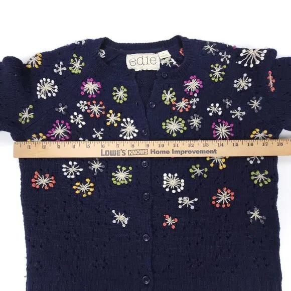 ANTHROPOLOGIE Edie Wool Linen Playground Toss Embroidered Cardigan Medium Navy