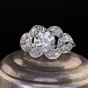 Antique Art Deco 14K White Gold Old Cut Diamond Floral Engagement Ring - GIA