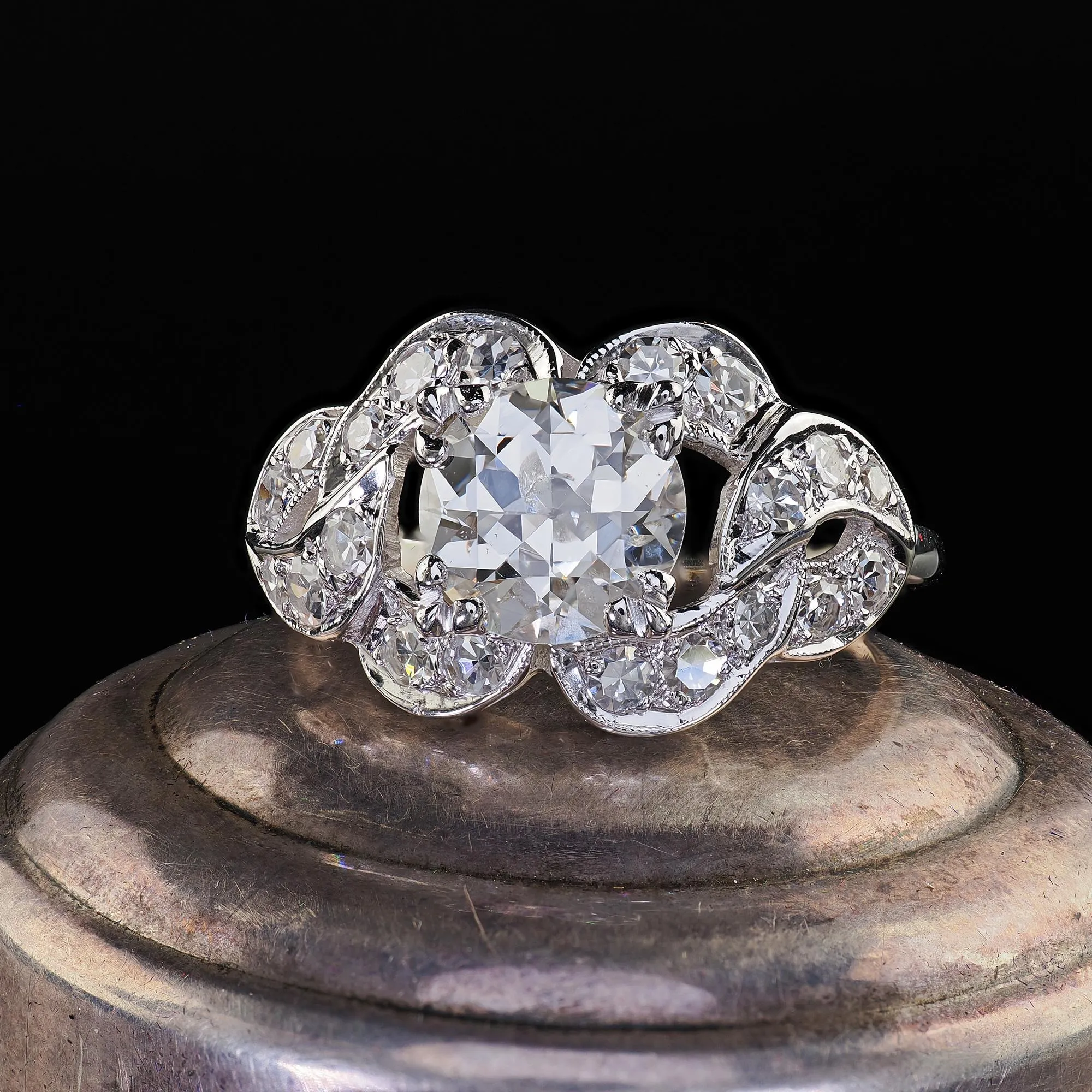 Antique Art Deco 14K White Gold Old Cut Diamond Floral Engagement Ring - GIA