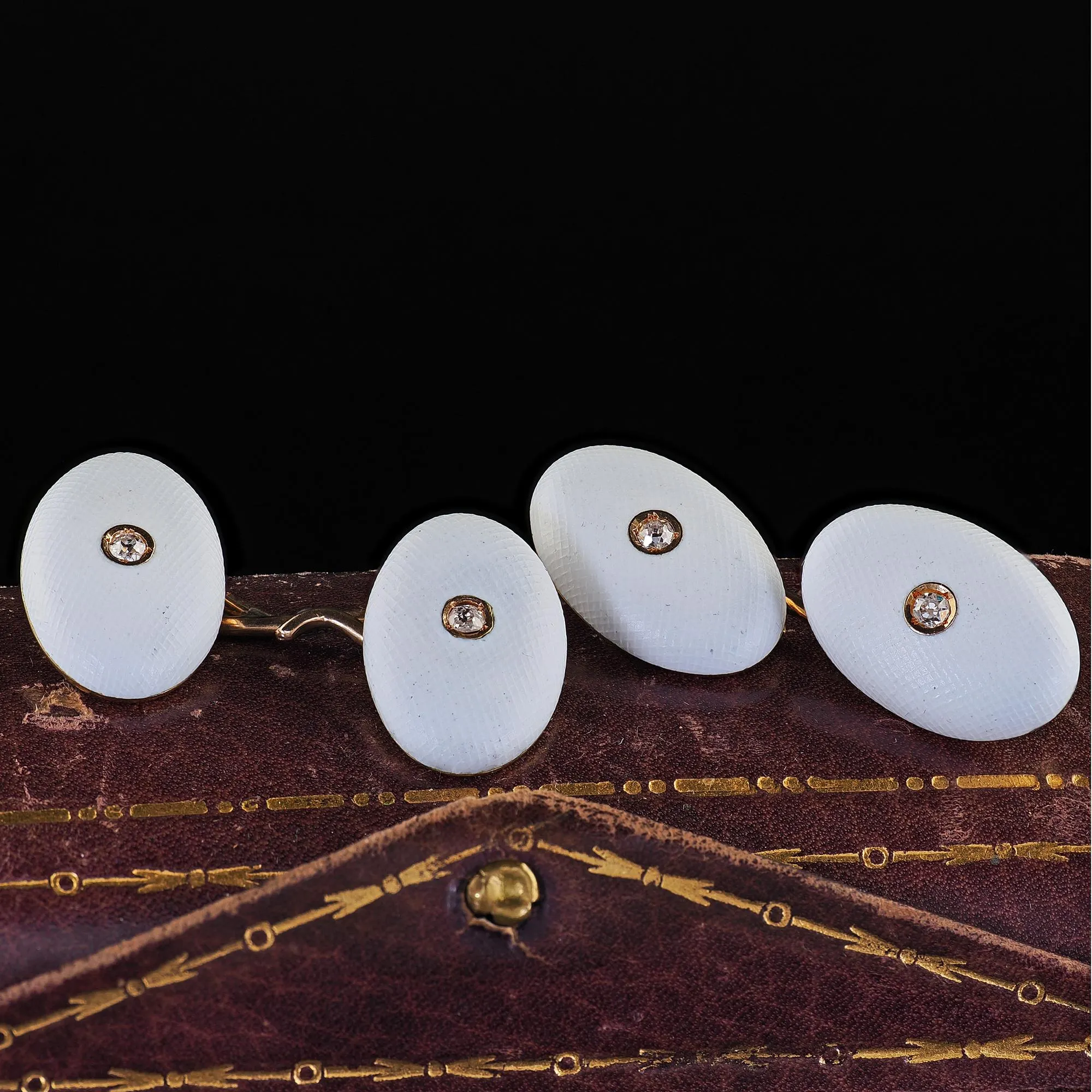Antique Art Deco 14K Yellow Gold Old Mine Diamond and Enamel Cufflinks
